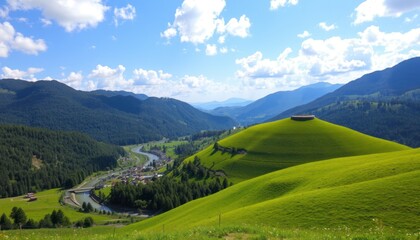 Fototapeta premium Scenic valley with lush green hills, river, and distant mountains under a bright blue sky with fluffy clouds.