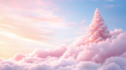 Pink Christmas tree pastel clouds sunset sky fantasy background copy space