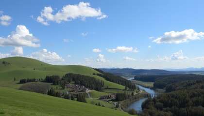 Obraz premium Scenic valley view with river, green hills, and blue sky.
