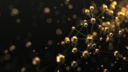 Elegant image of interconnected golden spheres and lines forming a molecular structure, set against a dark background. The glowing nodes and delicate lines suggest themes of connectivity, science, and