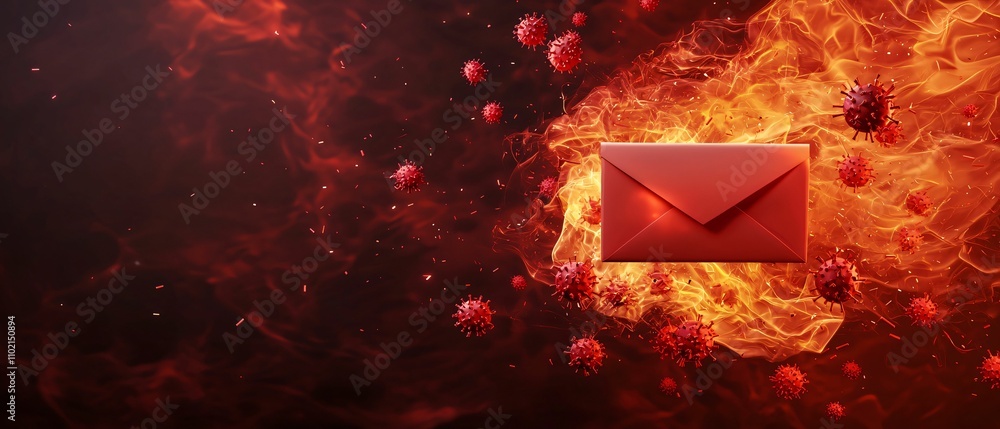 Poster red envelope on a fiery background with floating particles.