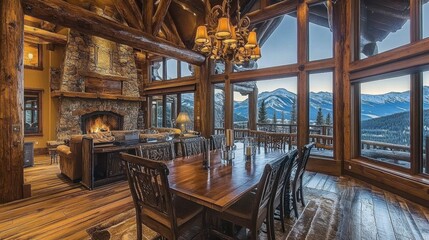 Cozy Mountain Lodge Interior with Wood Beams and Panoramic View