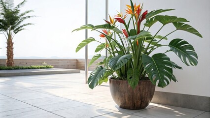 Fototapeta premium A large tropical plant with colorful flowers and big leaves in a modern planter on a light-colored floor, plant lover, greenery
