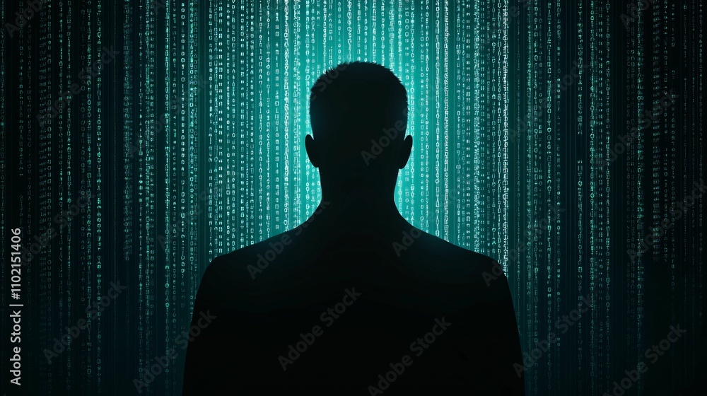 Aufkleber silhouette against a digital binary background.