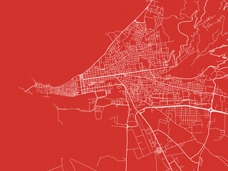 Christmas Map of Trapani, Italy in Snowy White on Festive Red Background.