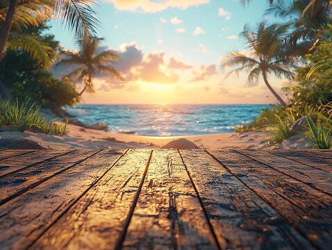 Picturesque tropical beach setting with palm trees and serene ocean backdrop for summer and travel related product mockups