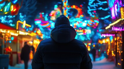 Fototapeta premium Enchanting Nighttime Stroll: Vibrant Lights and Mysterious Silhouette