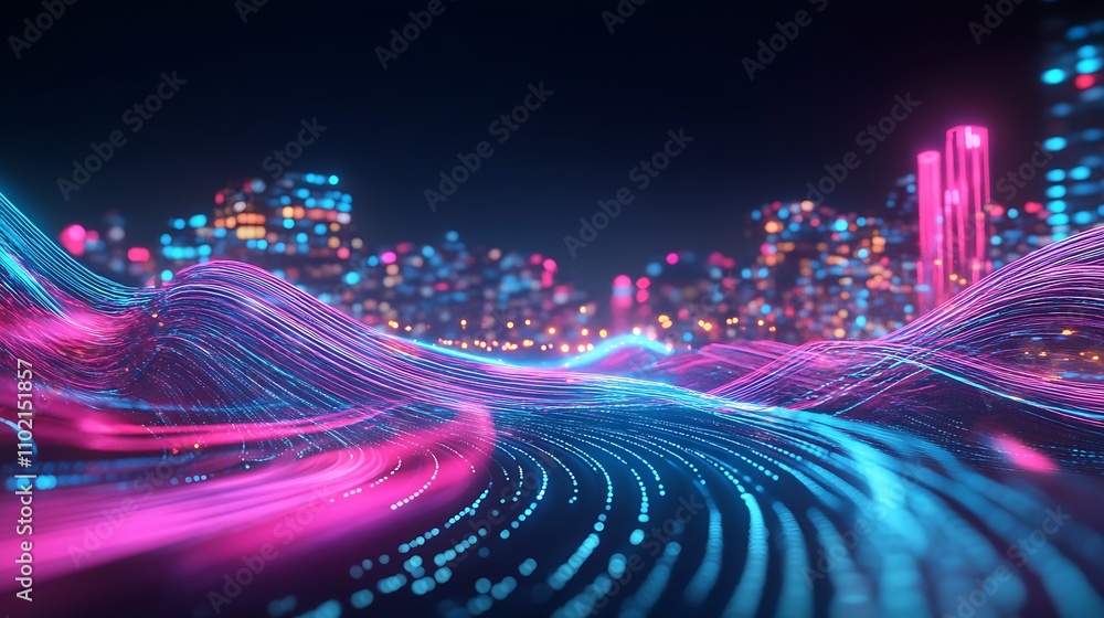 Poster vibrant abstract cityscape with neon waveforms at night inspiring futuristic motion : generative ai