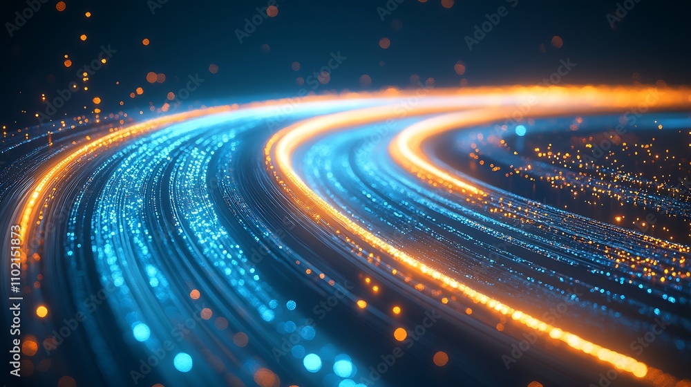 Poster futuristic technology background with blue and orange glowing light trails : generative ai