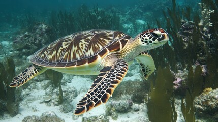 Fototapeta premium A sea turtle gliding gracefully through a vibrant coral reef in clear tropical waters