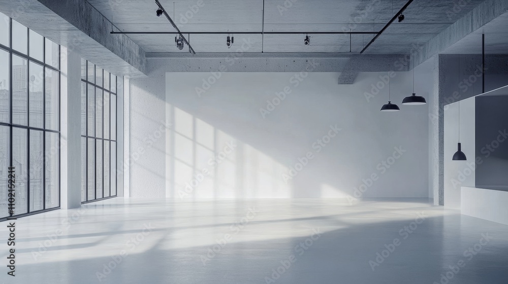 Poster bright modern studio environment with large windows and minimalist design