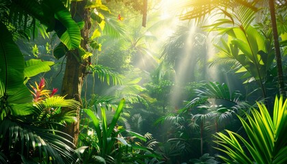 Exploring a vibrant rainforest  dense foliage, hanging vines, and sunlight through the canopy