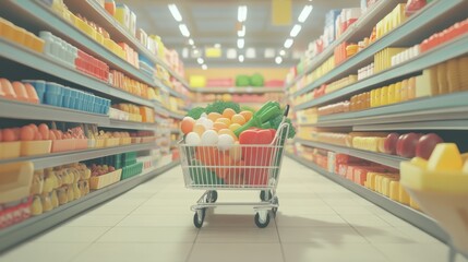Shopping Cart Filled with Fresh Produce in Supermarket Aisle
