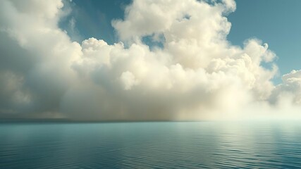 A rolling cloud of thick smoke billowing upwards from the surface of a still turquoise lake, water, mist, lake