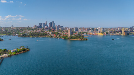 Obraz premium Aerial View of Sydney Harbour Balmain Darling harbour Sydney CBD cockle Bay Wharf North Sydney harbour bridge Lavender Bay Milsons Point Manly on a warm summer day blue skies 