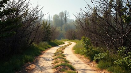 Fototapeta premium A rustic dirt road passes through a dense thicket of brambles and blackthorn trees, natural scenery, rustic road, outdoor landscape