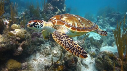 Fototapeta premium Sea turtle swimming gracefully through colorful coral reefs in a vibrant underwater ecosystem