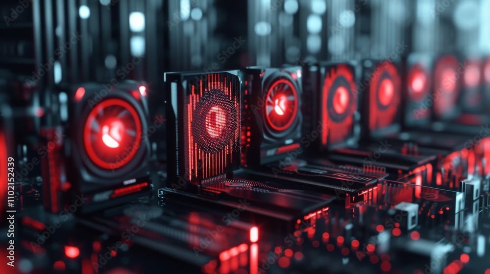 Poster a close-up of black processors with red glowing elements arranged in a futuristic circuit board. the