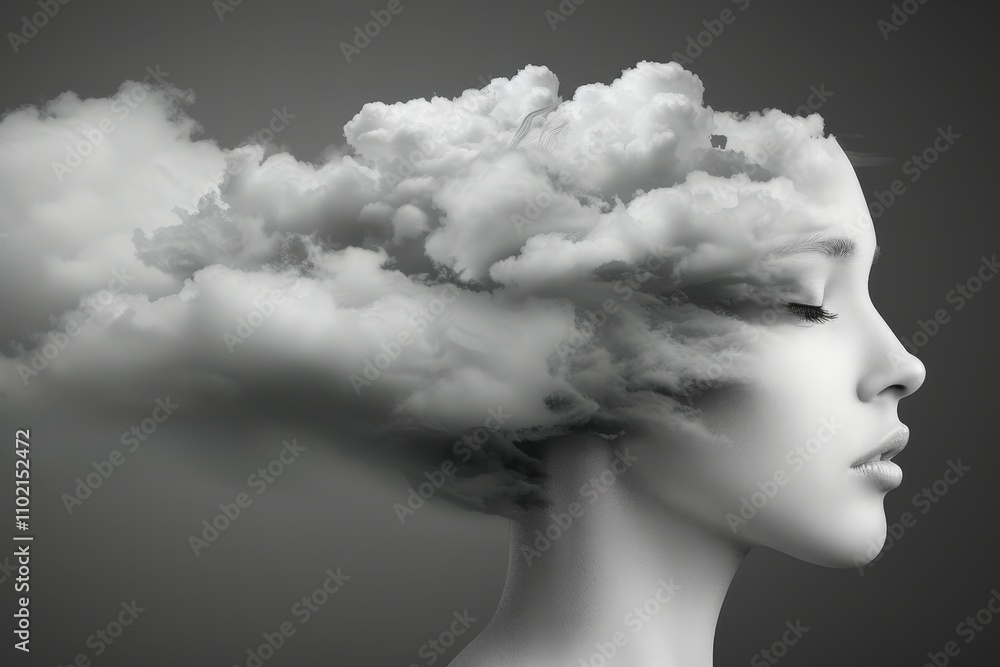 Poster whispers of imagination dreamy portrait of a woman with cloudy thoughts abstract concept quiet envir
