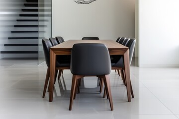 modern dining room, a modern dining set featuring a dark wood table and leather chairs, complemented by an abstract pendant light, in an open floor plan