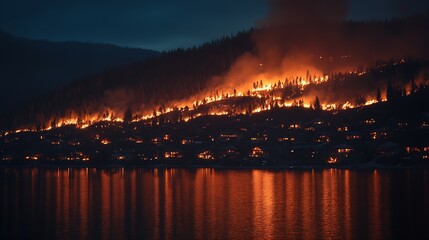 Forest fire at night illuminating mountains and reflecting on calm lake wildfire natural disaster : Generative AI