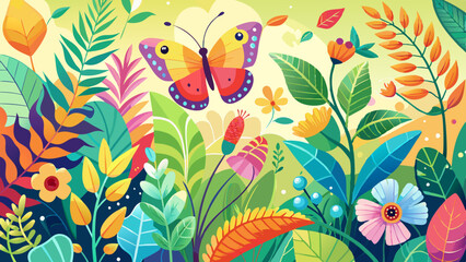 Vibrant butterfly among colorful foliage in a sunny floral landscape filled with diverse plants and lively colors