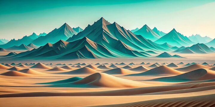 Desert Dreams A Turquoise Mountain Range Overlooking Rolling Dunes, Digital Painting, Fantasy Landscape, Desert, Mountain