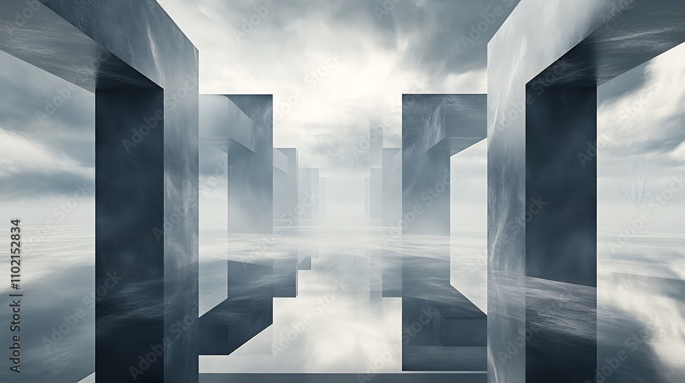 Poster abstract geometric landscape with futuristic misty silver effect and reflective surfaces : generativ
