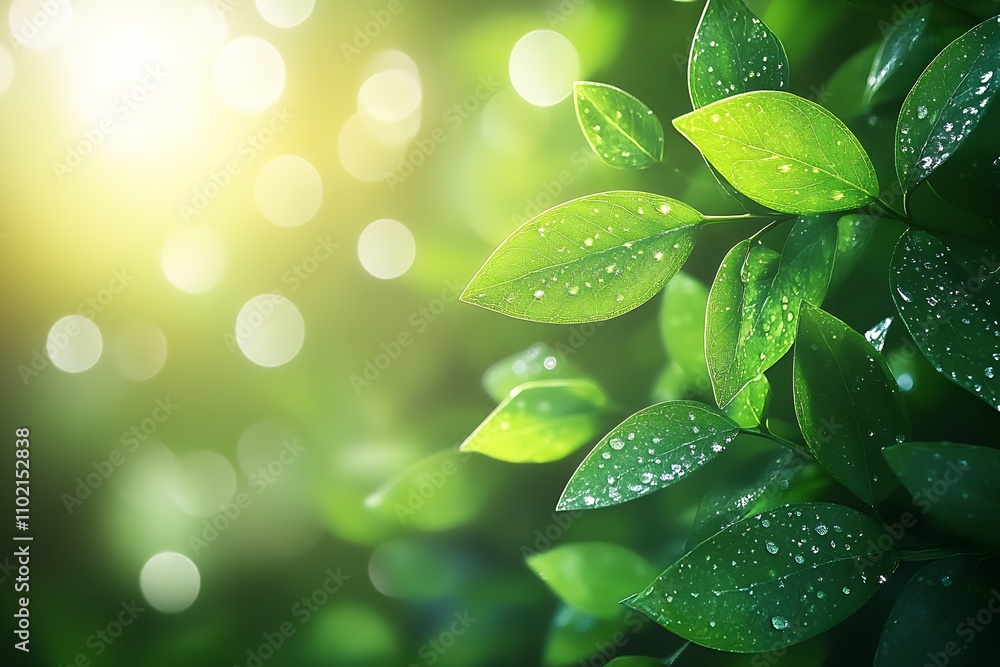 Poster Fresh Green Leaves with Dew Drops in Sunlit Natural Background Creating a Serene Atmosphere : Generative AI