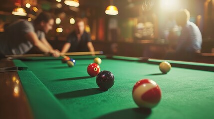 Players Engaged in Intense Snooker Game with Concentration and Focus in Lively Atmosphere