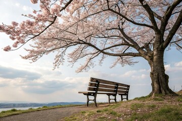 A simple yet stylish wooden bench situated under a blooming cherry blossom tree, floral arrangements, outdoor furniture sets, pink blossoms, nature scenes