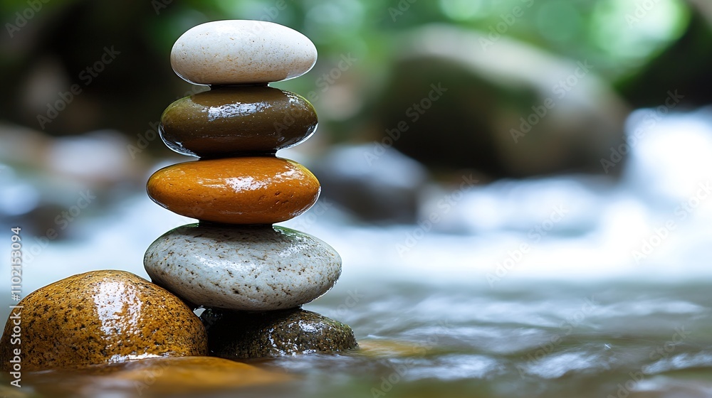 Aufkleber Balanced Zen Stone Stack by Tranquil Flowing Stream in Nature : Generative AI