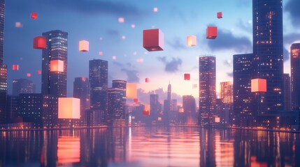 Fototapeta premium Surreal Cityscape with Floating Cubes and Vibrant Sunset Reflection