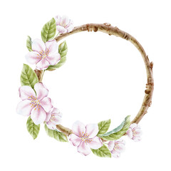 Pink cherry flowers on Branch and leaves. Round wreath blossom Japanese Sakura. Isolated Hand drawn watercolor frame. Floral spring layout for tableware, wedding design, cosmetic, greeting card