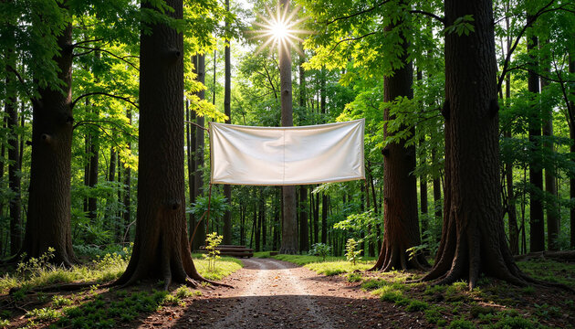 Street banner mockup PSD hanging between trees in sunlight