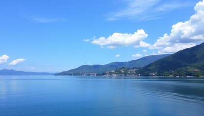 Naklejka premium Serene lake vista with mountains and clouds.