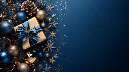 A beautiful top view Christmas present wrapped in gold paper with a blue ribbon, surrounded by festive ornaments and stars on a blue background. Perfect for holiday celebrations and gift-giving ideas
