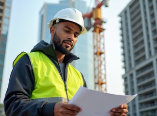Construction manager reviewing plans at a busy urban construction site in daylight, ensuring project standards and safety protocols