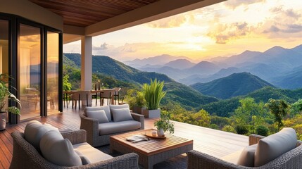 Fototapeta premium Serene Mountain View from Modern Outdoor Living Space at Sunset