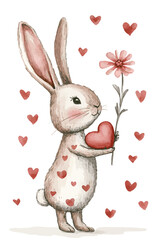 a bunny holding a flower and a heart, hand-drawn watercolor painting. illustration