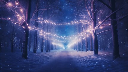 A mesmerizing display of Christmas lights forming a celestial pathway through a snowy forest, guiding the way to holiday magic.