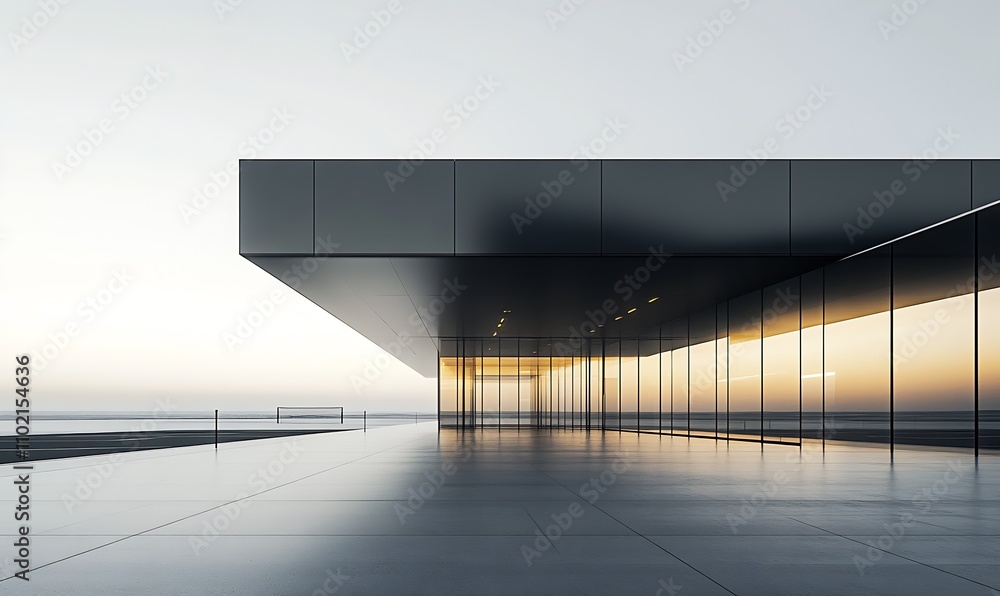 Poster contemporary architectural marvel featuring minimalist design with panoramic view at serene dawn or 