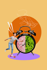 Vertical photo collage of happy girl ride longboard time watch donut pastry interval hunger detox...