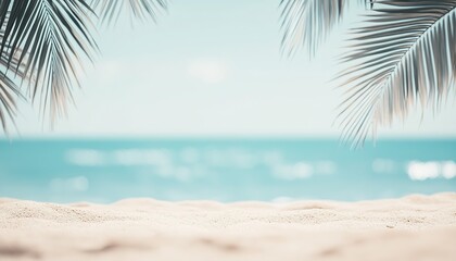 Obraz premium Close-Up View of Sandy Beach with Palm Leaves Overlooking Blue Ocean : Generative AI
