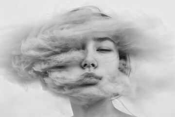 Emotional portrait of a woman surrounded by ethereal clouds conceptual art minimalist setting introspective mood