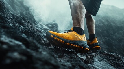 Yellow hiking shoes on rocky mountain trail.