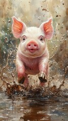 Playful Piglet Leaping Through Muddy Water