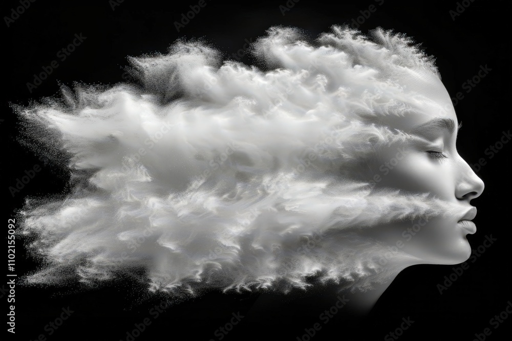 Poster artistic representation of a woman's profile with ethereal cloud effects digital artwork surreal env