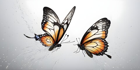 The image captures two beautifully rendered butterflies in mid-flight, showcasing their vibrant colors and delicate wings. The butterflies exhibit a striking pattern with orange and black hues, and th
