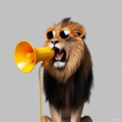 Cool lion in sunglasses holding megaphone. Marketing, sale, discount concept. Special offer